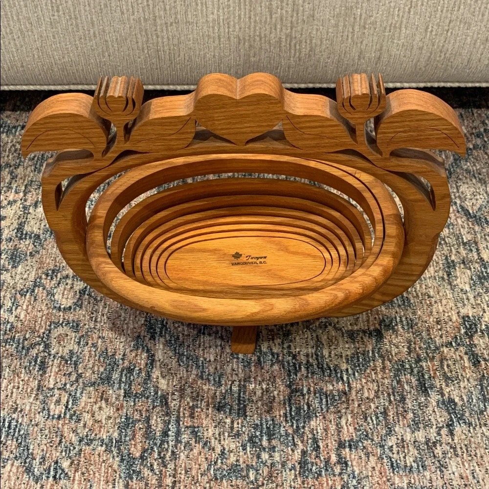 Vintage Hand carved Wooden Folding Basket with Floral Design